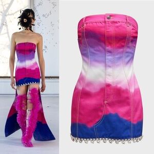 AREA Ombre Denim Strapless Mini Dress in Pink Spring, Size 2, NWT